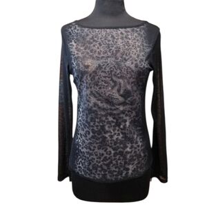 Y2K Euro Mesh Top M? Vintage Black Sheer Leopard Long Sleeve Glitter McBling